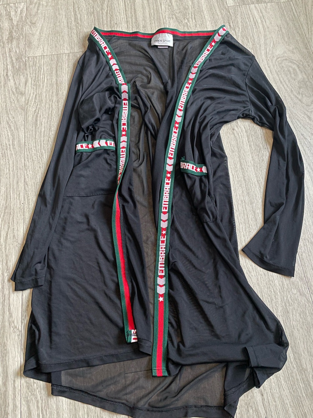 Caren Sport Black Open-Front Cardigan with Red & Green Trim